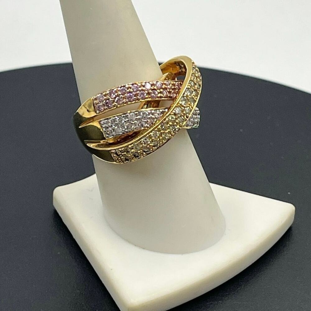 Ross Simon Sterling Three Pave Pink Yellow Clear‎ Cross Over Highway Ring 8.25